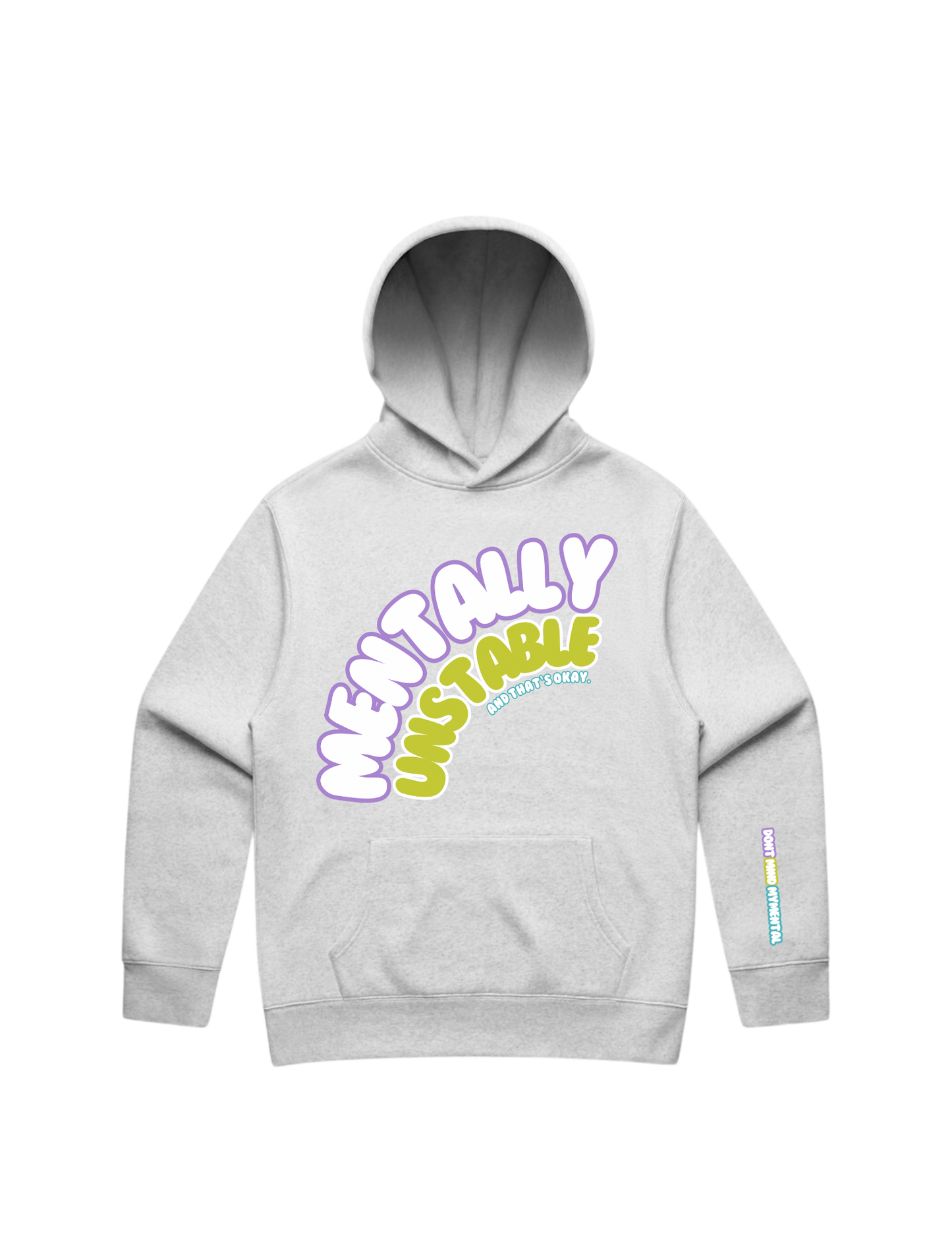 GREY Mentally Unstable Puff Print Hoodie - White Greyscale