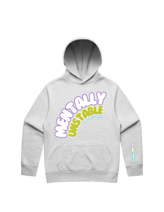 GREY Mentally Unstable Puff Print Hoodie - White Greyscale